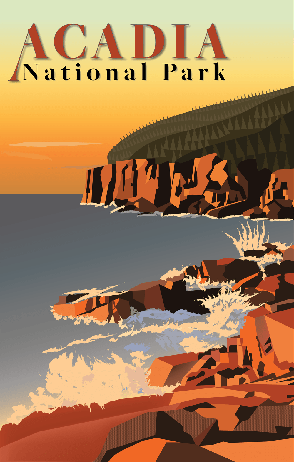 Illustration of Acadia National Park shoreline.